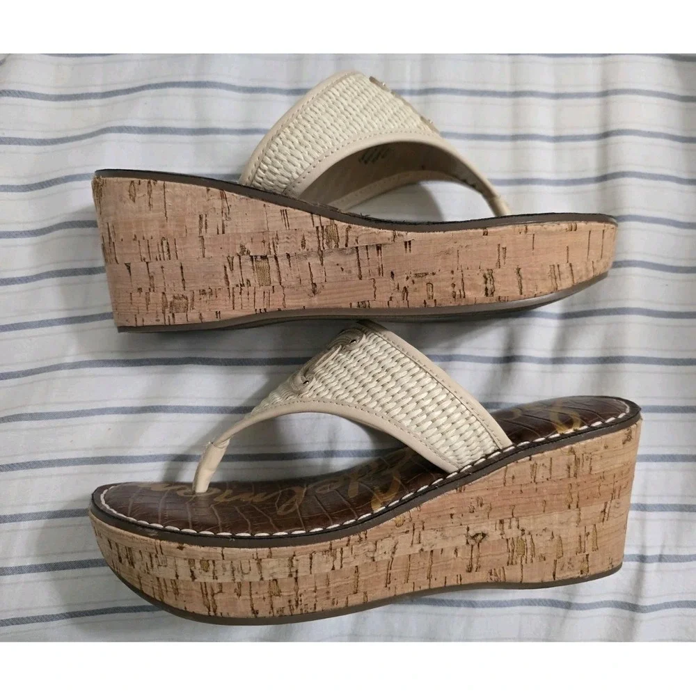 Sam Edelman Ruth Beige Leather Cork Wedge Thong Sandals size 8M
